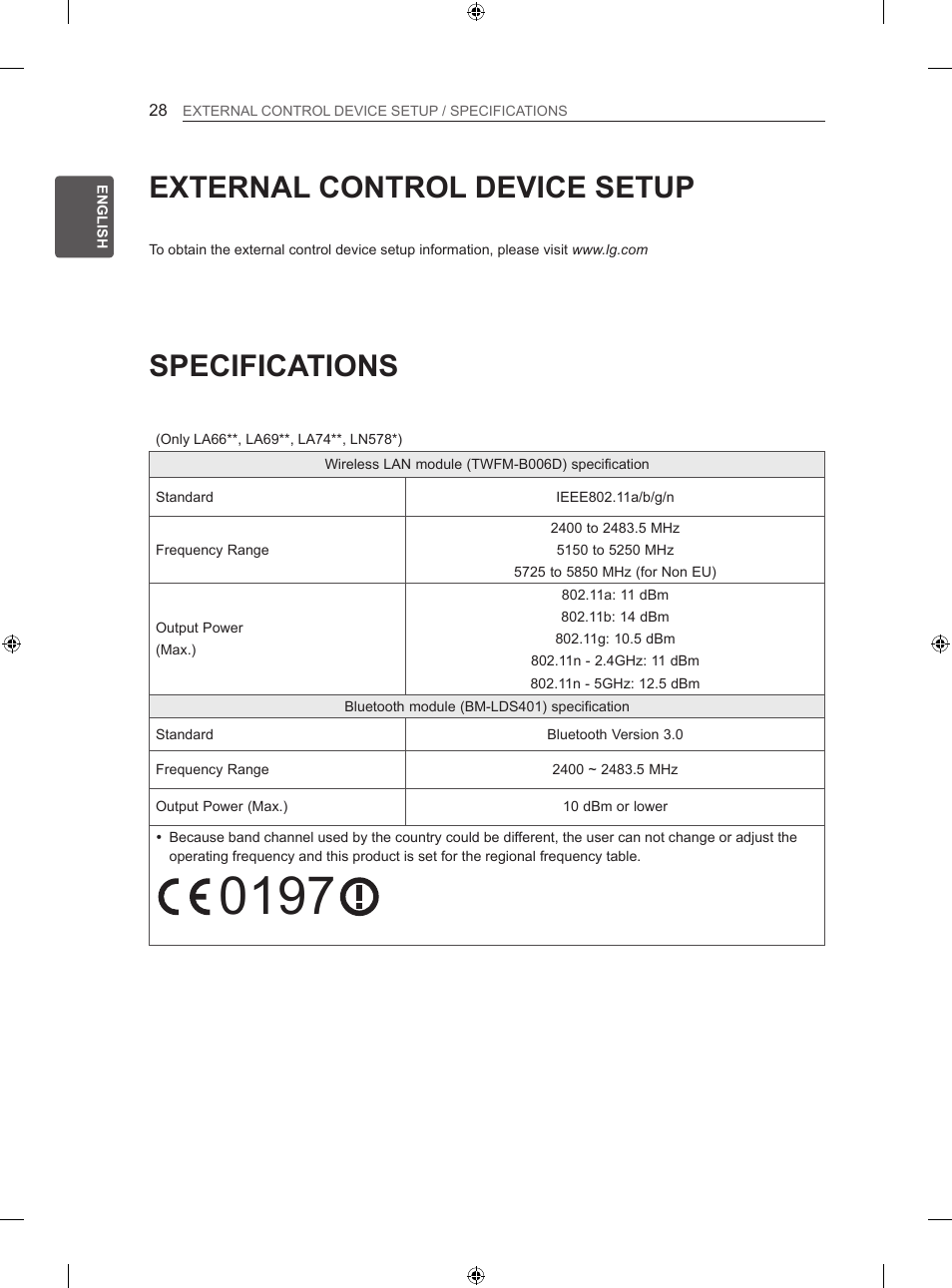 External control device setup, Specifications | LG 60LN575S User Manual | Page 37 / 555