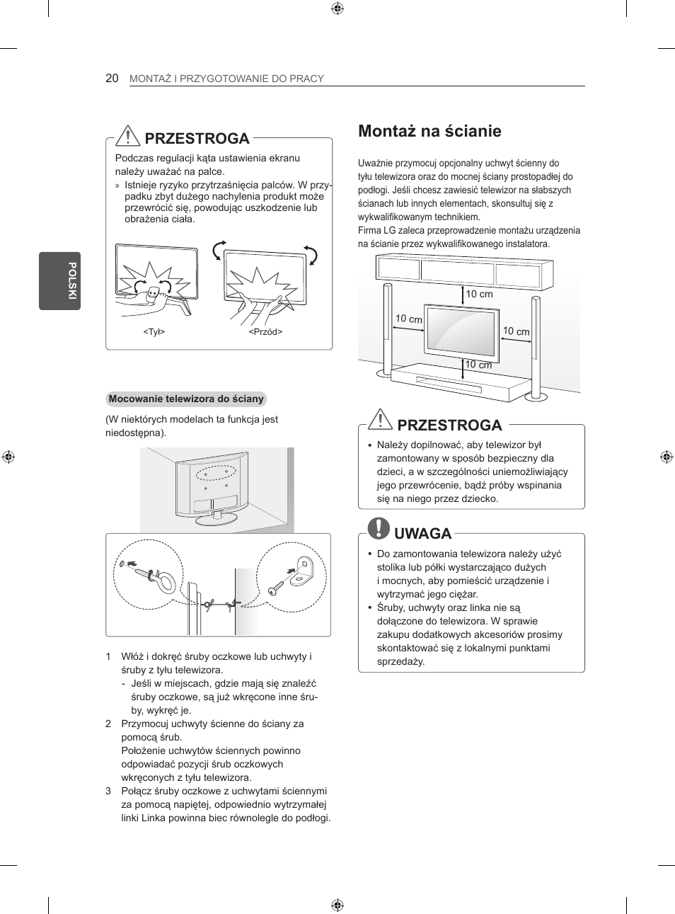 Montaż na ścianie, Przestroga, Uwaga | LG 60LN575S User Manual | Page 89 / 555