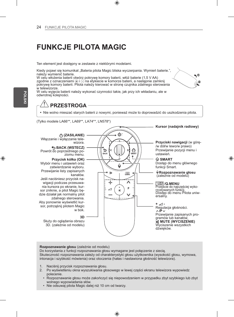 Funkcje pilota magic, Przestroga | LG 60LN575S User Manual | Page 93 / 555