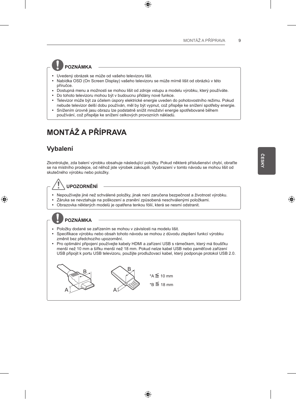 Montáž a příprava, Vybalení | LG 32LB582U User Manual | Page 107 / 216