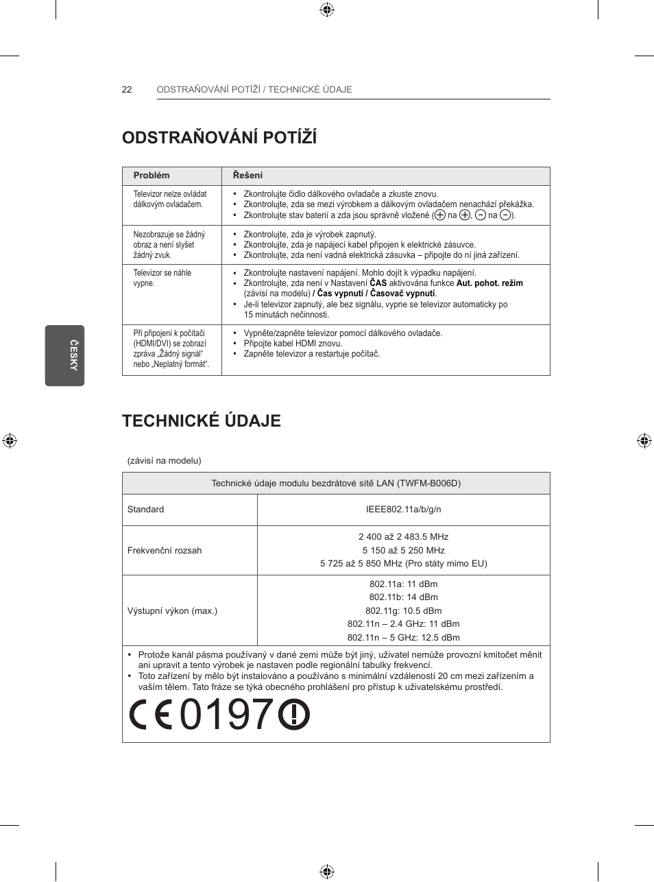 Odstraňování potíží, Technické údaje | LG 32LB582U User Manual | Page 120 / 216