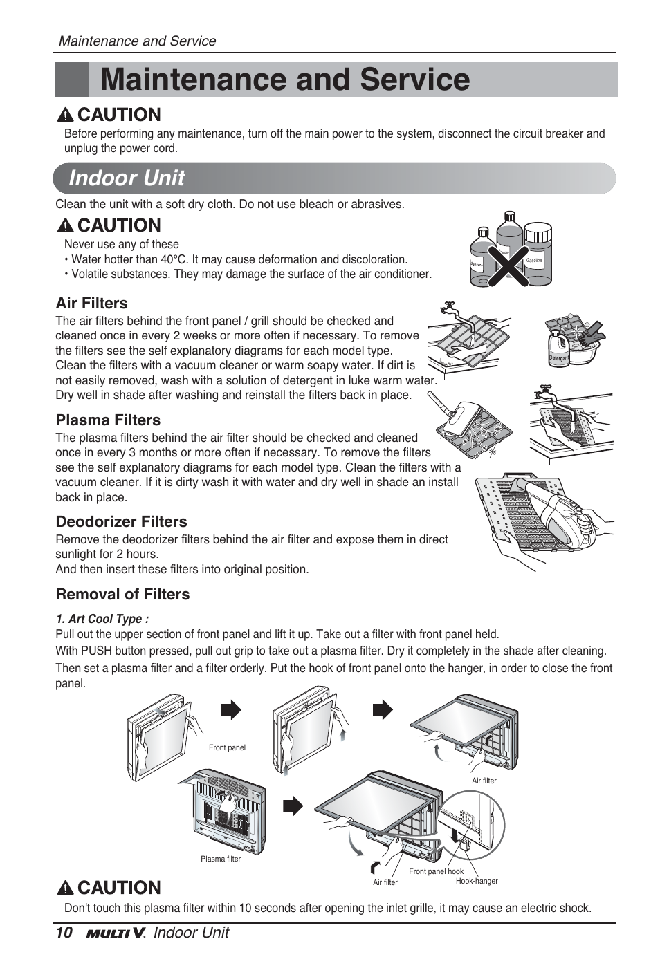 Maintenance and service, Indoor unit, 10 indoor unit | Air filters, Plasma filters, Deodorizer filters, Removal of filters | LG ARNU09GSFE2 User Manual | Page 10 / 239