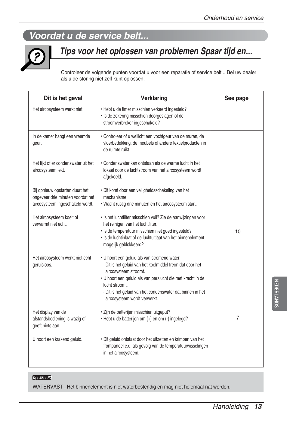 Voordat u de service belt, Tips voor het oplossen van problemen spaar tijd en, Handleiding 13 | LG ARNU09GSFE2 User Manual | Page 111 / 239