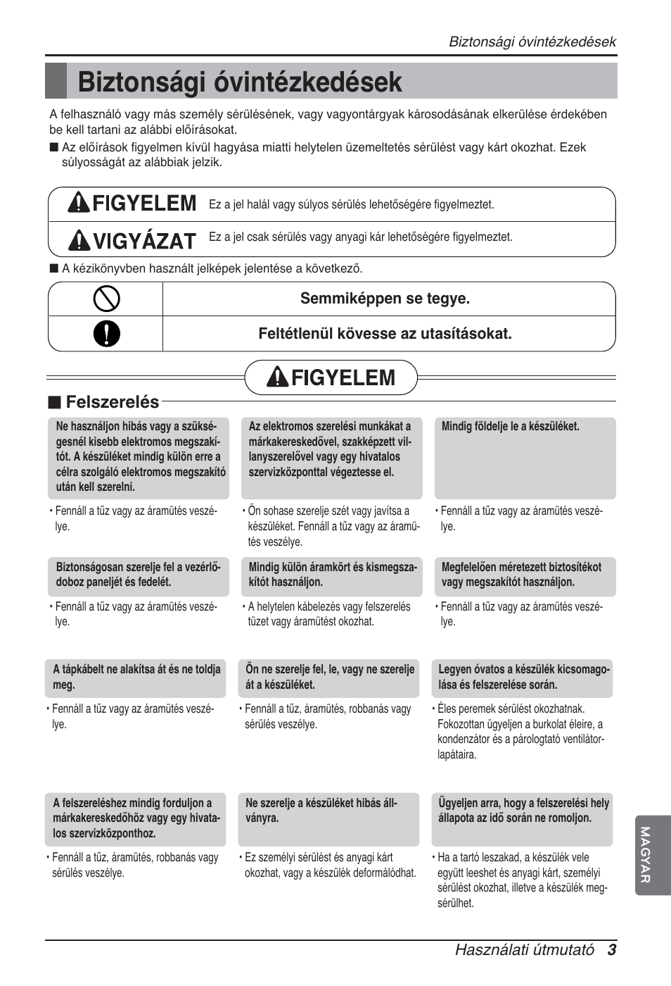 Biztonsági óvintézkedések, N felszerelés, Használati útmutató 3 | LG ARNU09GSFE2 User Manual | Page 129 / 239