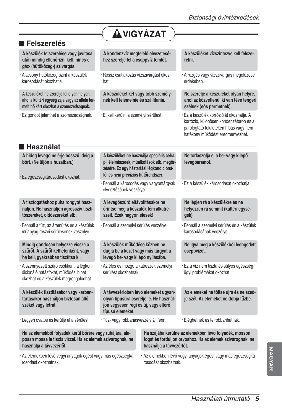 N használat, N felszerelés, Használati útmutató 5 | LG ARNU09GSFE2 User Manual | Page 131 / 239
