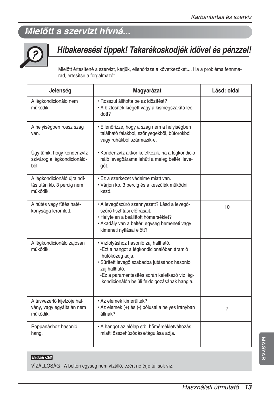 Mielőtt a szervizt hívná, Használati útmutató 13 | LG ARNU09GSFE2 User Manual | Page 139 / 239