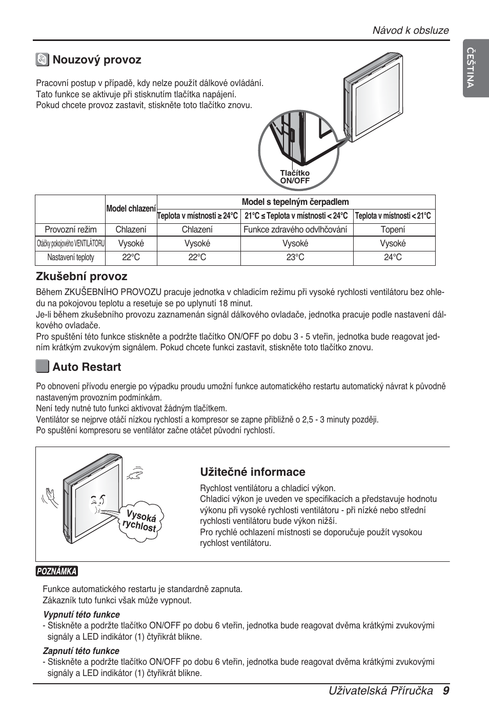 Uživatelská příručka 9, Nouzový provoz auto restart, Užitečné informace | Zkušební provoz | LG ARNU09GSFE2 User Manual | Page 149 / 239