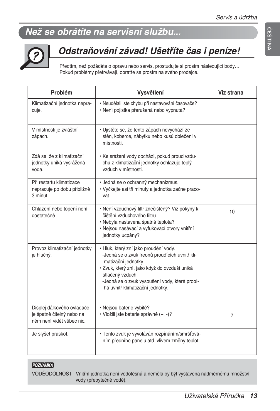 Než se obrátíte na servisní službu, Odstraňování závad! ušetříte čas i peníze, Uživatelská příručka 13 | LG ARNU09GSFE2 User Manual | Page 153 / 239