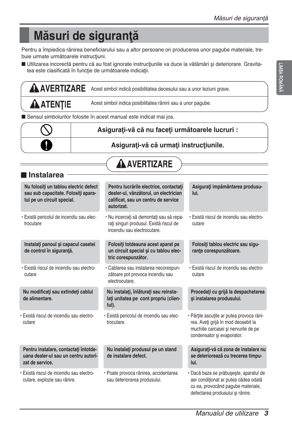 Măsuri de siguranţă, N instalarea, Manualul de utilizare 3 | LG ARNU09GSFE2 User Manual | Page 157 / 239