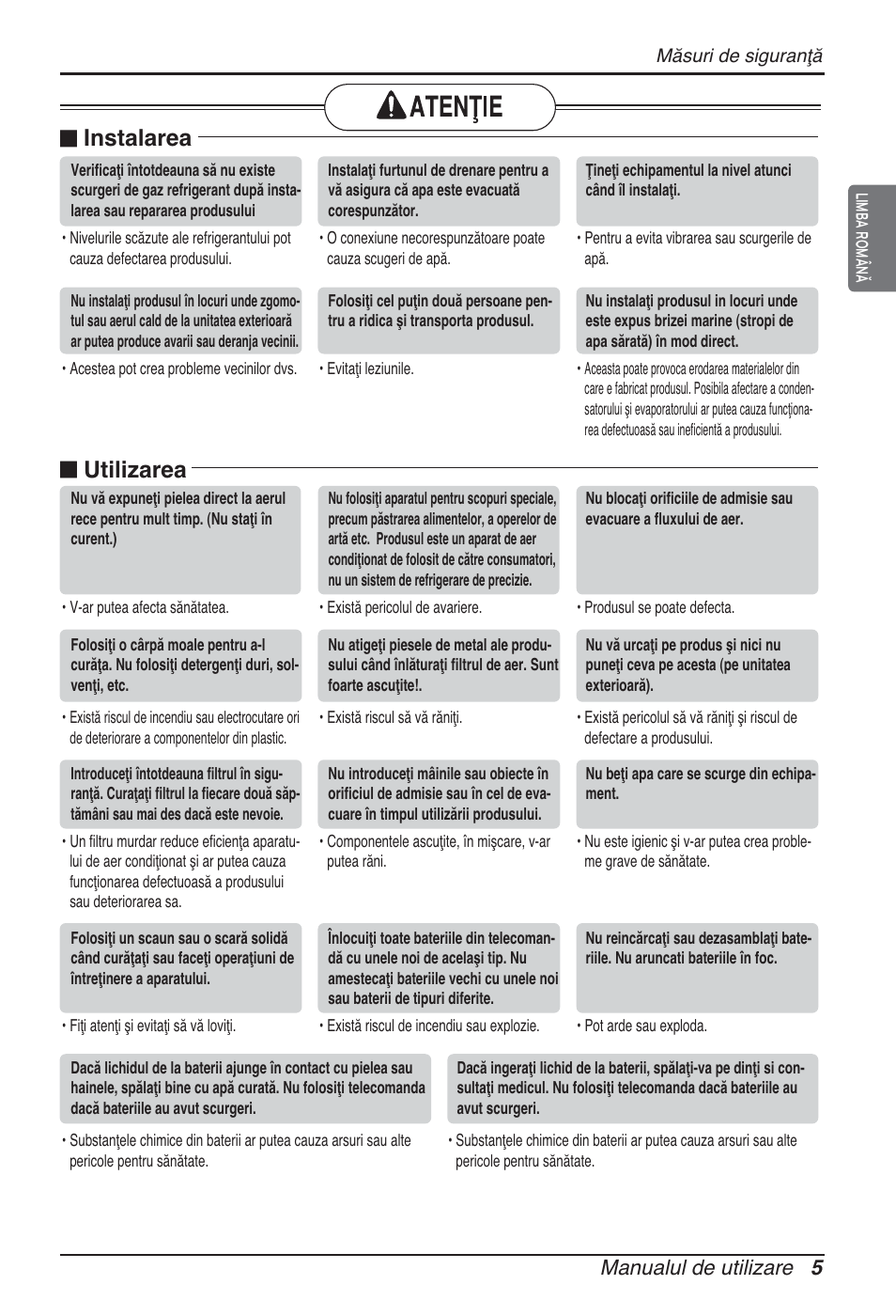 N instalarea, N utilizarea, Manualul de utilizare 5 | LG ARNU09GSFE2 User Manual | Page 159 / 239