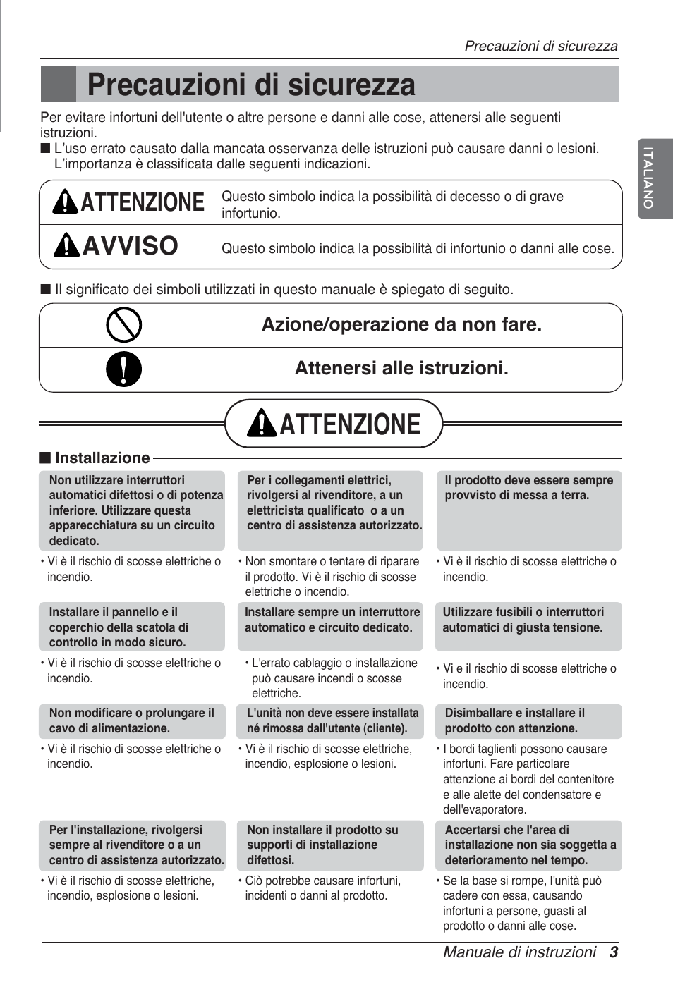Precauzioni di sicurezza, Attenzione, Attenzione avviso | LG ARNU09GSFE2 User Manual | Page 17 / 239