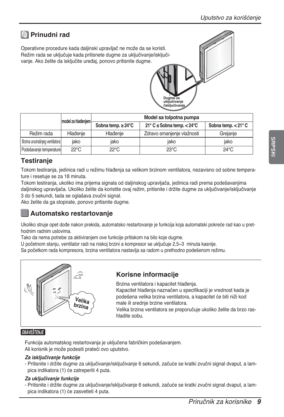 Priručnik za korisnike 9, Prinudni rad automatsko restartovanje, Korisne informacije | Testiranje | LG ARNU09GSFE2 User Manual | Page 191 / 239