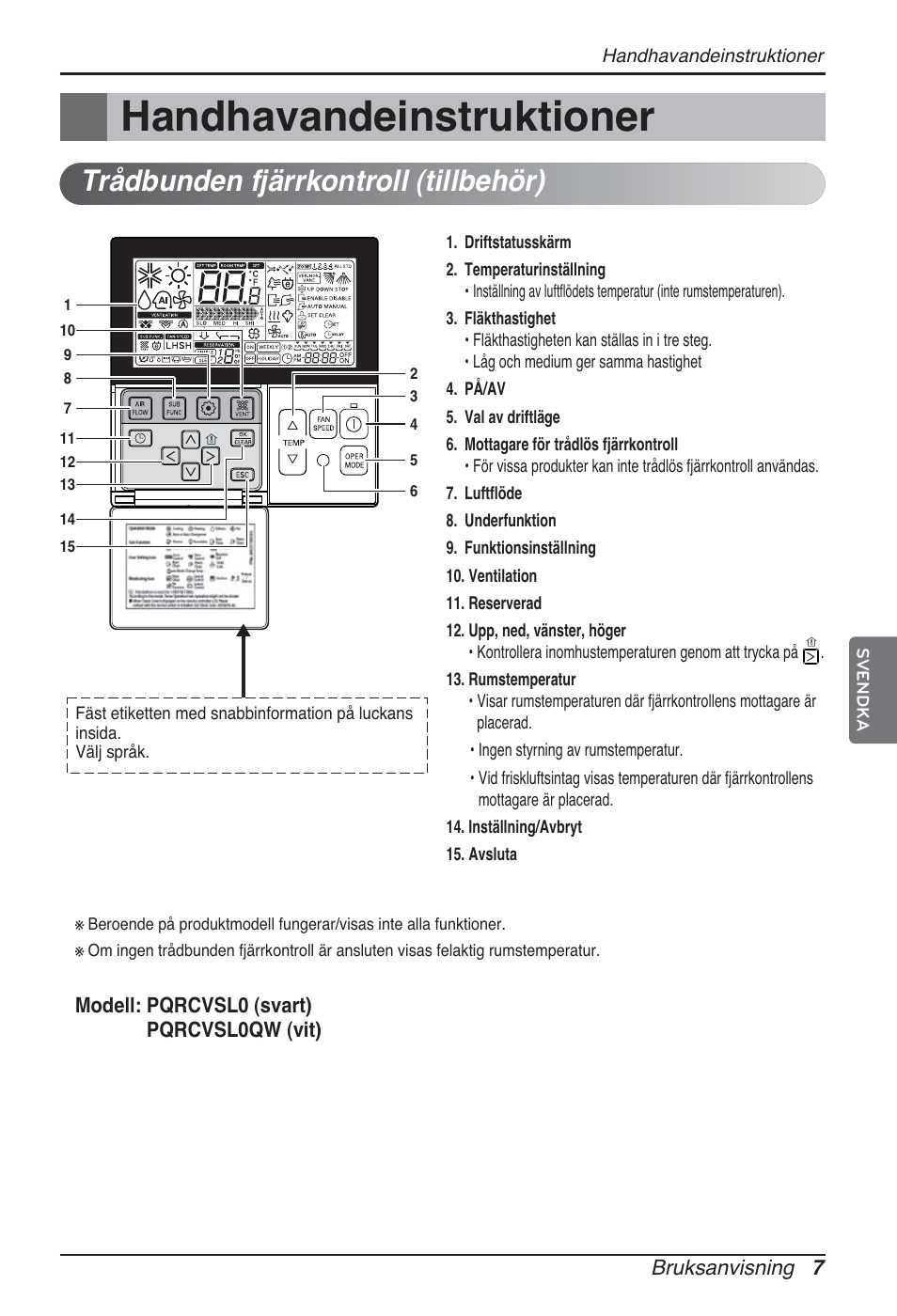 Handhavandeinstruktioner, Trådbunden fjärrkontroll (tillbehör) | LG ARNU09GSFE2 User Manual | Page 217 / 239