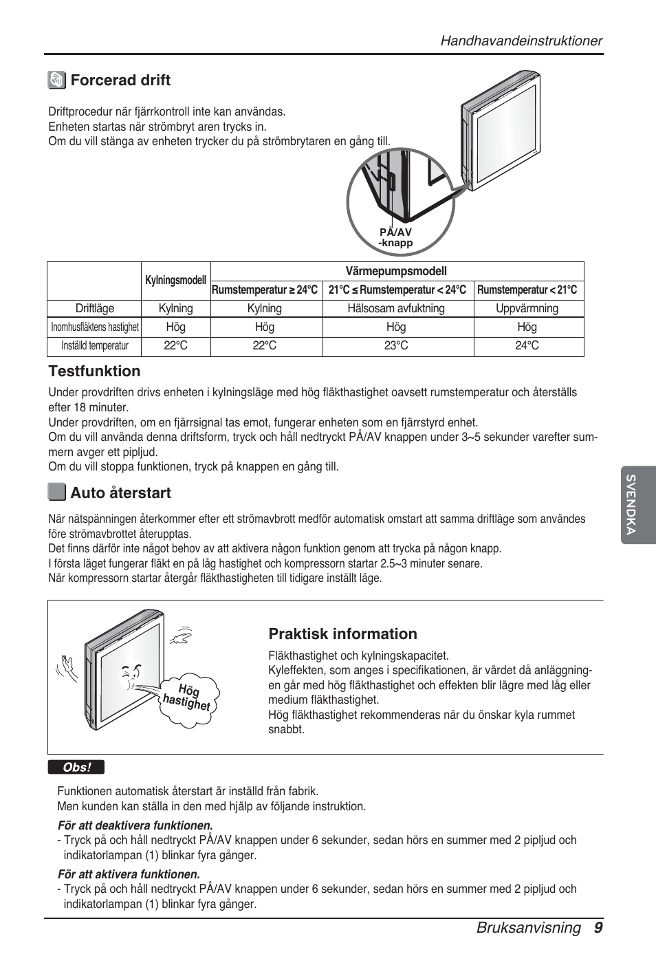 Bruksanvisning 9, Forcerad drift auto återstart, Praktisk information | Testfunktion | LG ARNU09GSFE2 User Manual | Page 219 / 239