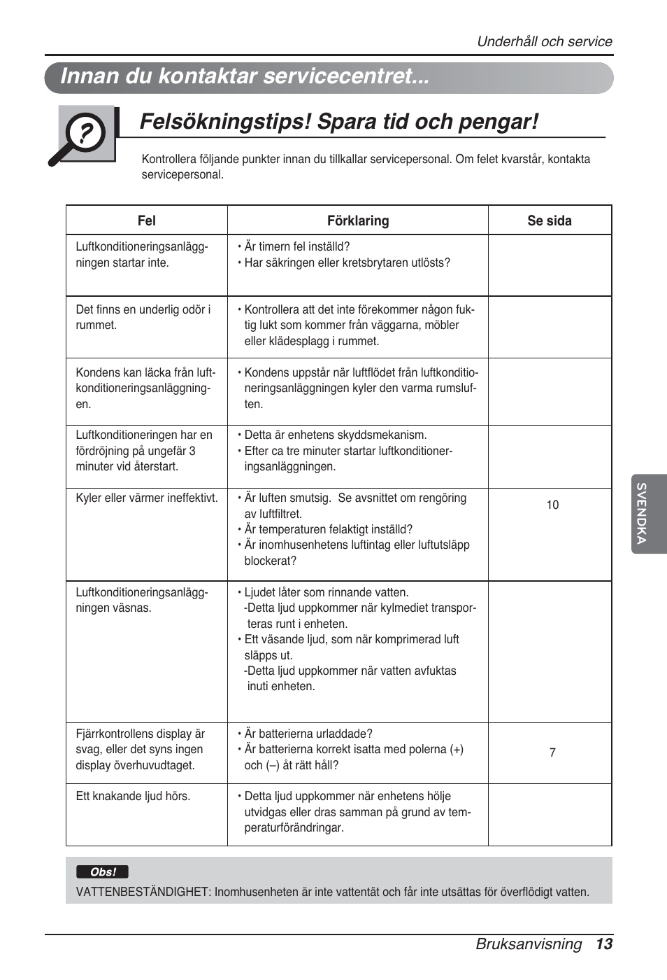 Innan du kontaktar servicecentret, Felsökningstips! spara tid och pengar, Bruksanvisning 13 | LG ARNU09GSFE2 User Manual | Page 223 / 239