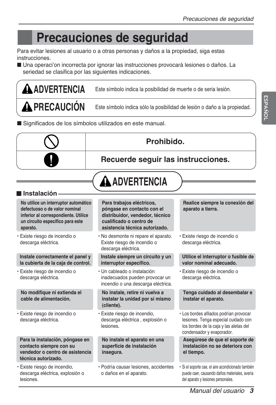 Precauciones de seguridad, Advertencia, Advertencia precaución | Prohibido. recuerde seguir las instrucciones | LG ARNU09GSFE2 User Manual | Page 31 / 239