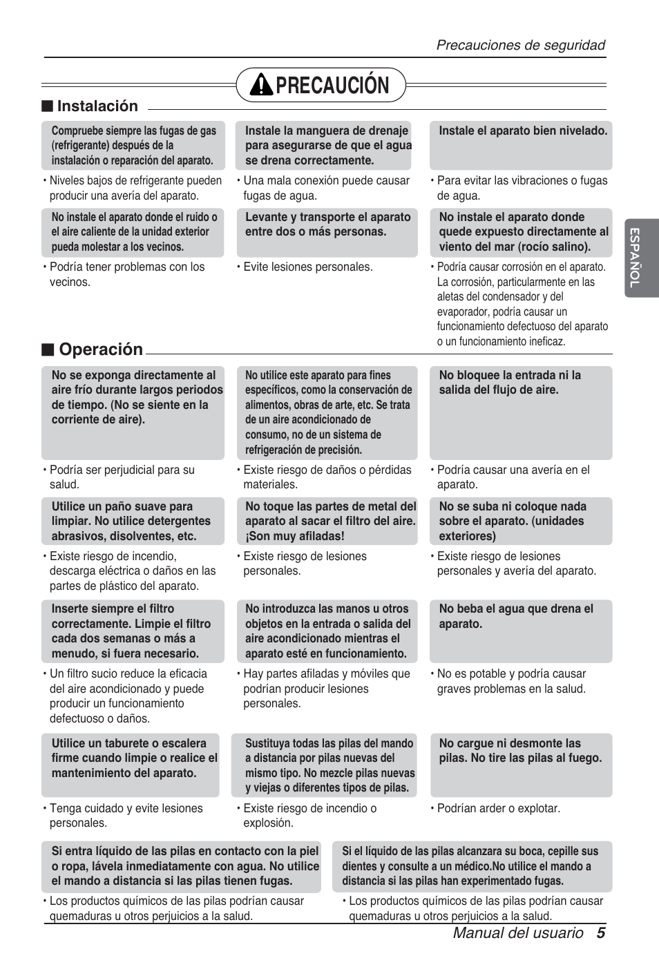 Precaución, N operación, Manual del usuario 5 | N instalación | LG ARNU09GSFE2 User Manual | Page 33 / 239