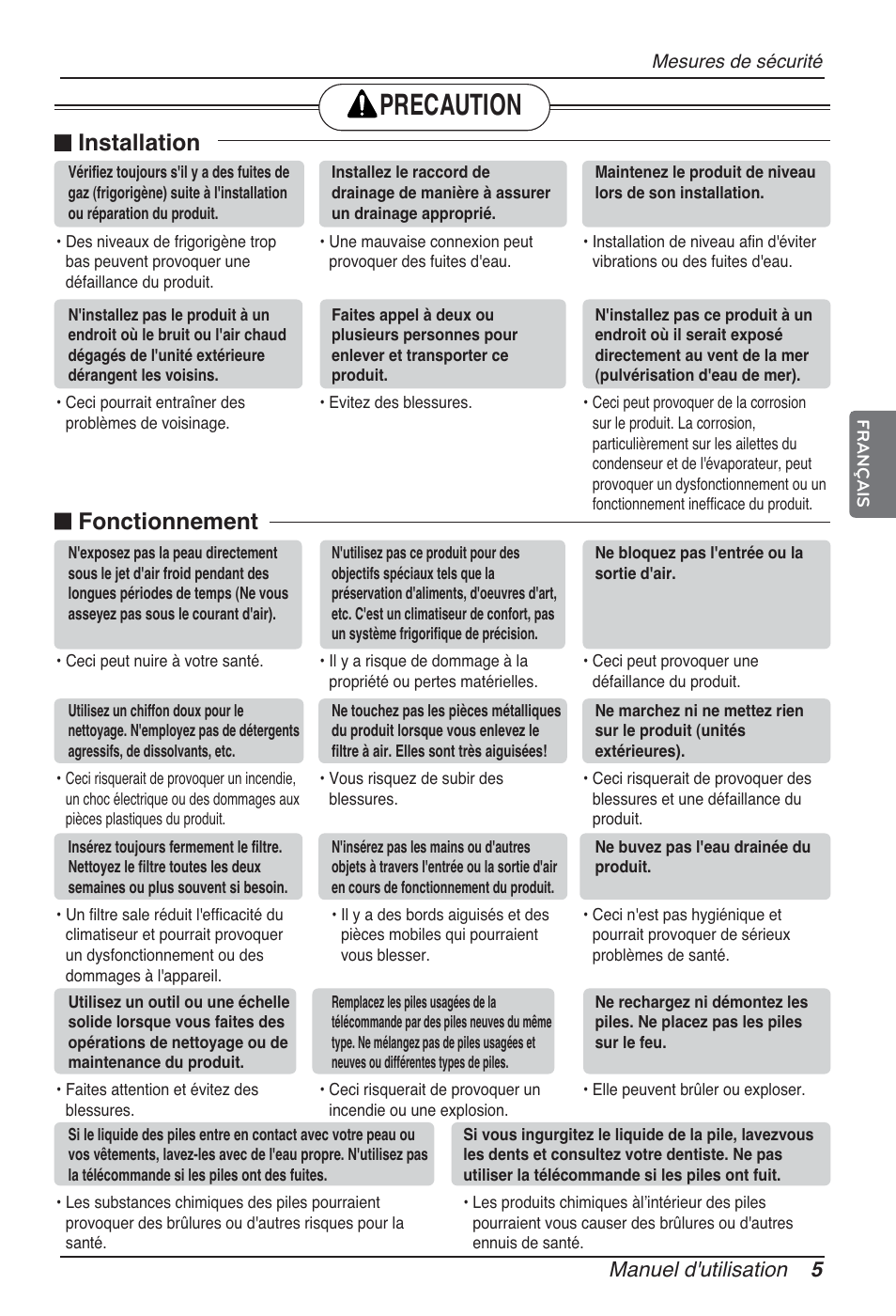 Precaution, N installation, N fonctionnement | Manuel d'utilisation 5 | LG ARNU09GSFE2 User Manual | Page 47 / 239