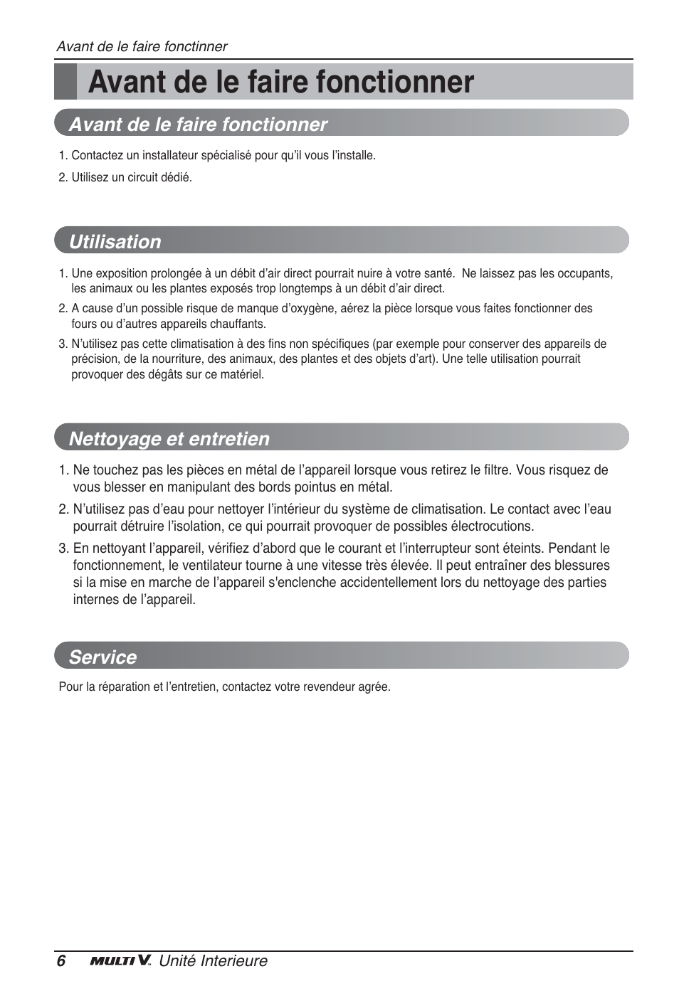 Avant de le faire fonctionner, Utilisation, Nettoyage et entretien | Service | LG ARNU09GSFE2 User Manual | Page 48 / 239