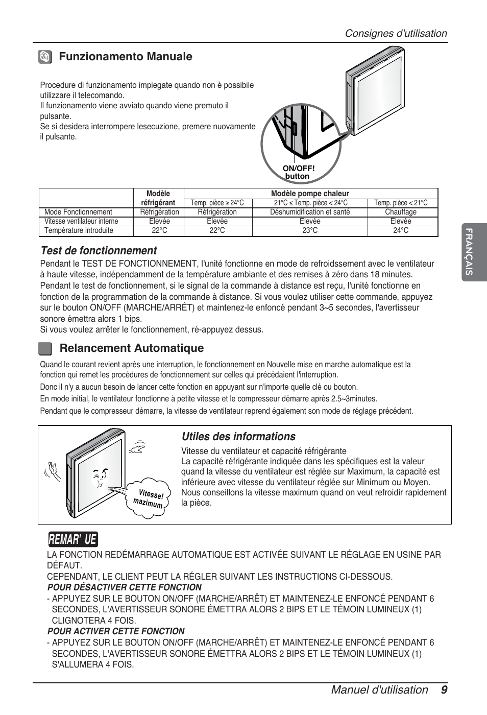 Remarque, Manuel d'utilisation 9, Funzionamento manuale test de fonctionnement | Utiles des informations, Relancement automatique | LG ARNU09GSFE2 User Manual | Page 51 / 239