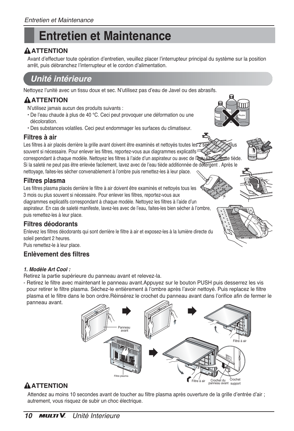 Entretien et maintenance, Unité intérieure, 10 unité interieure | Filtres à air, Filtres plasma, Filtres déodorants, Enlèvement des filtres | LG ARNU09GSFE2 User Manual | Page 52 / 239