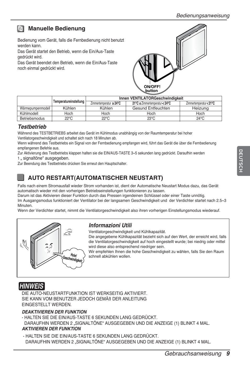 Hinweis, Gebrauchsanweisung 9, Manuelle bedienung | Auto restart(automatischer neustart) testbetrieb, Informazioni utili | LG ARNU09GSFE2 User Manual | Page 65 / 239