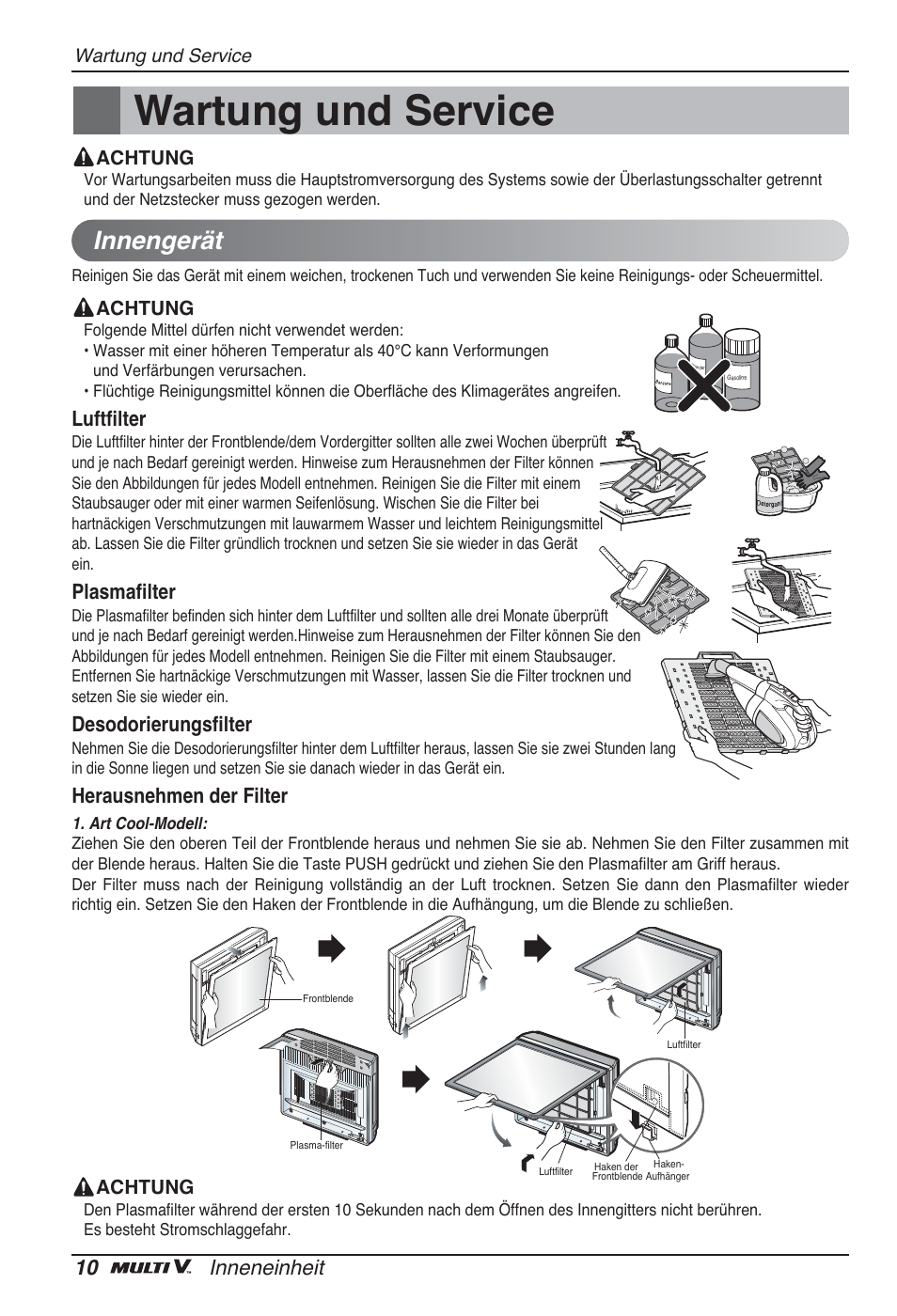 Wartung und service, Innengerät, 10 inneneinheit | Luftfilter, Plasmafilter, Desodorierungsfilter, Herausnehmen der filter | LG ARNU09GSFE2 User Manual | Page 66 / 239