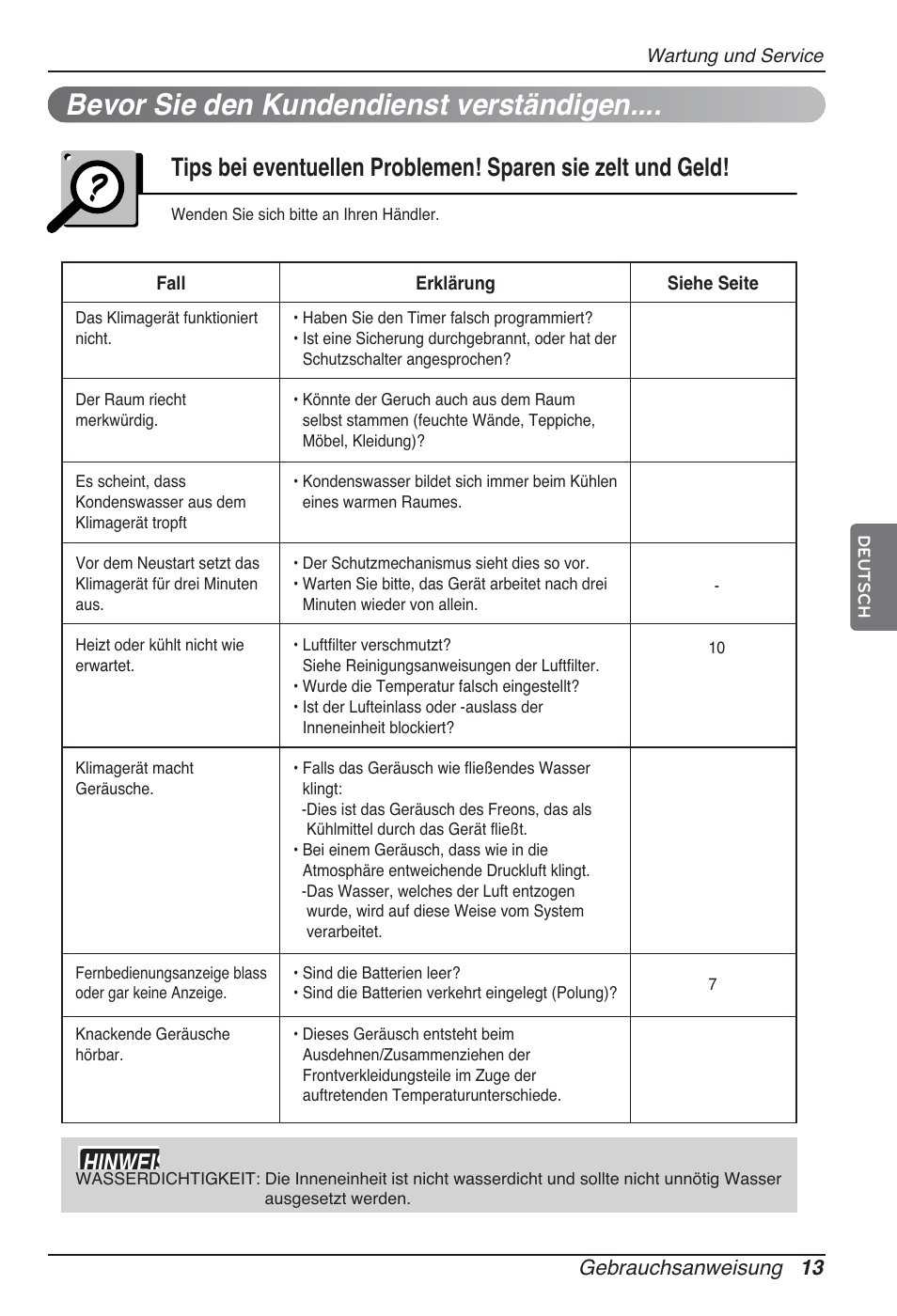 Bevor sie den kundendienst verständigen, Hinweis, Gebrauchsanweisung 13 | LG ARNU09GSFE2 User Manual | Page 69 / 239