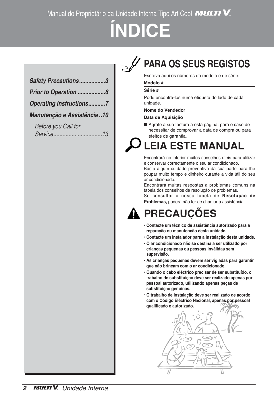 Índice, Para os seus registos, Leia este manual | Precauções | LG ARNU09GSFE2 User Manual | Page 86 / 239