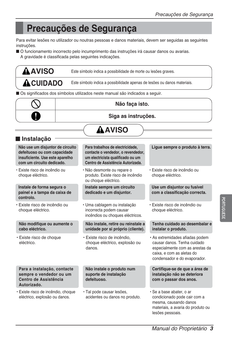 Precauções de segurança, Aviso cuidado, Aviso | N instalação | LG ARNU09GSFE2 User Manual | Page 87 / 239