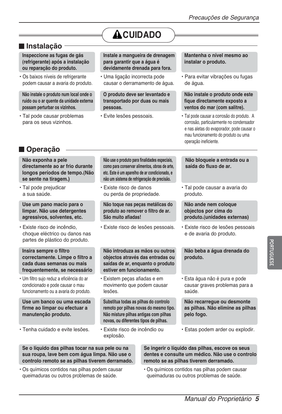 Cuidado, N instalação, N operação | Manual do proprietário 5 | LG ARNU09GSFE2 User Manual | Page 89 / 239