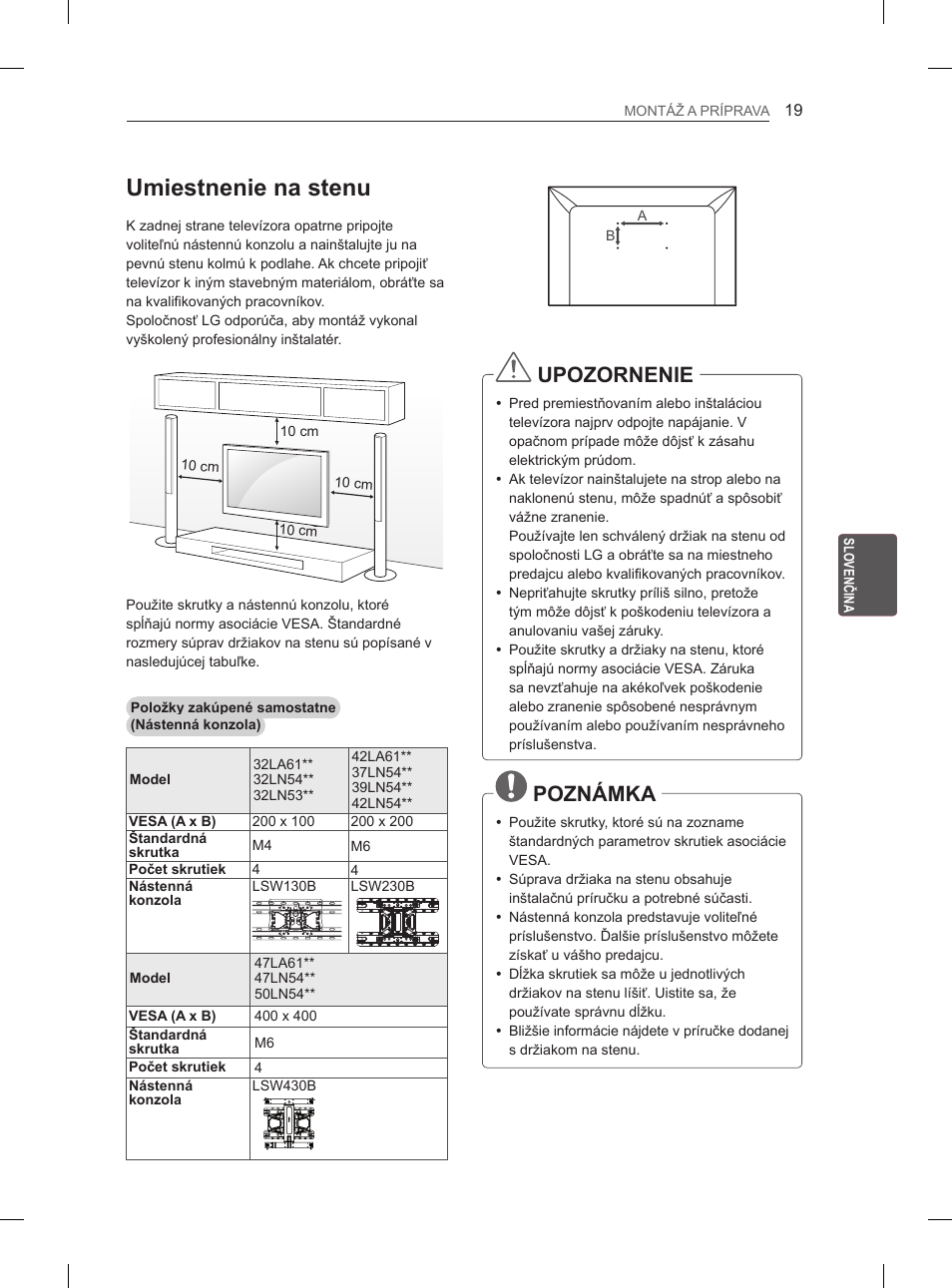 Umiestnenie na stenu, Upozornenie, Poznámka | LG 37LN540B User Manual | Page 122 / 439