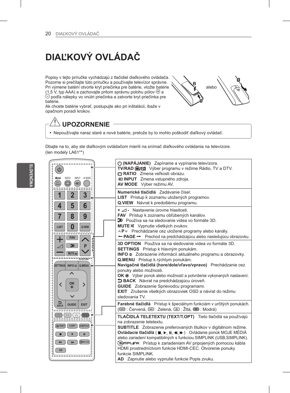 Diaľkový ovládač, Upozornenie | LG 37LN540B User Manual | Page 123 / 439