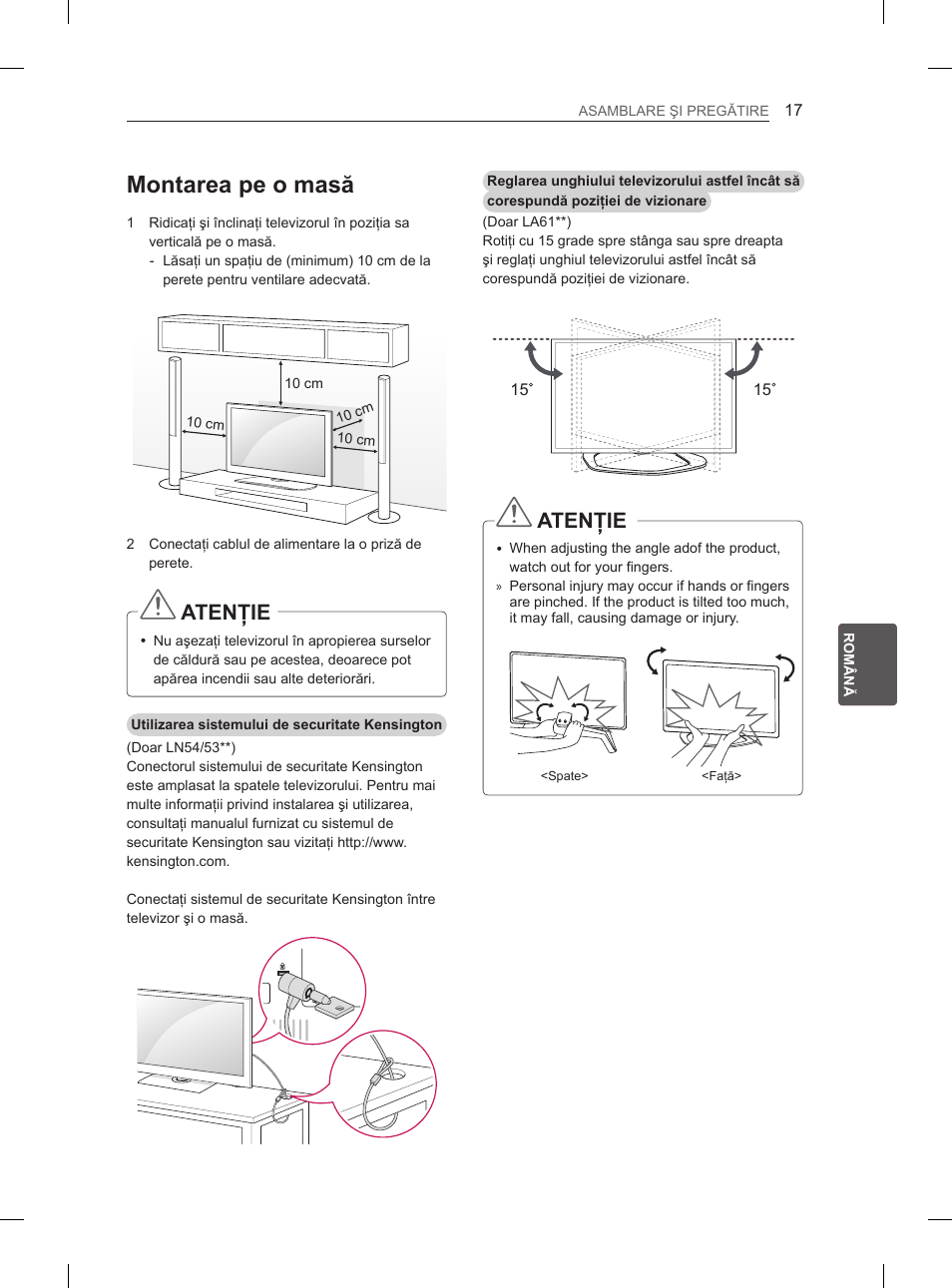 Montarea pe o masă, Atenţie | LG 37LN540B User Manual | Page 144 / 439