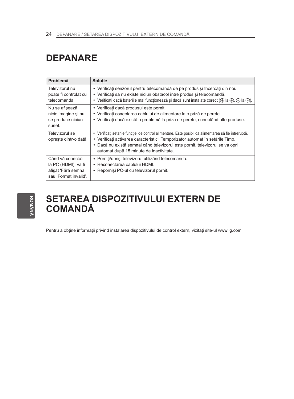 Depanare, Setarea dispozitivului extern de comandă | LG 37LN540B User Manual | Page 151 / 439