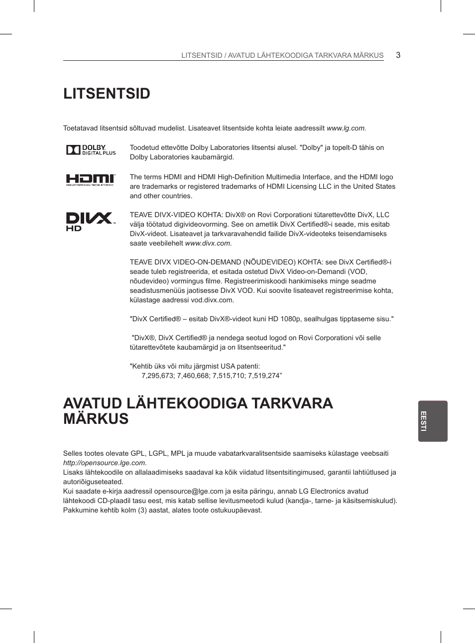 Litsentsid, Avatud lähtekoodiga tarkvara märkus | LG 37LN540B User Manual | Page 178 / 439