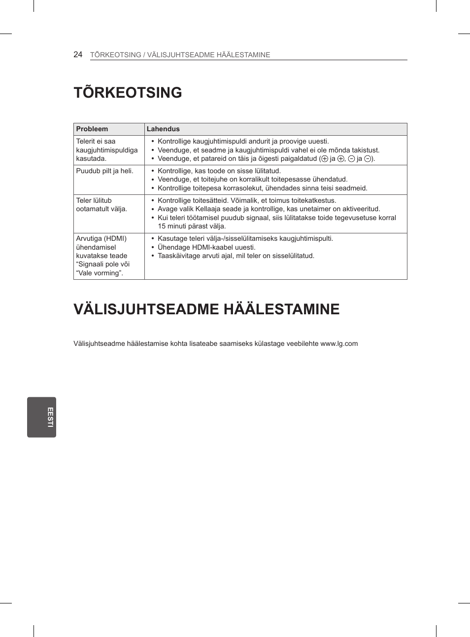 Tõrkeotsing, Välisjuhtseadme häälestamine | LG 37LN540B User Manual | Page 199 / 439