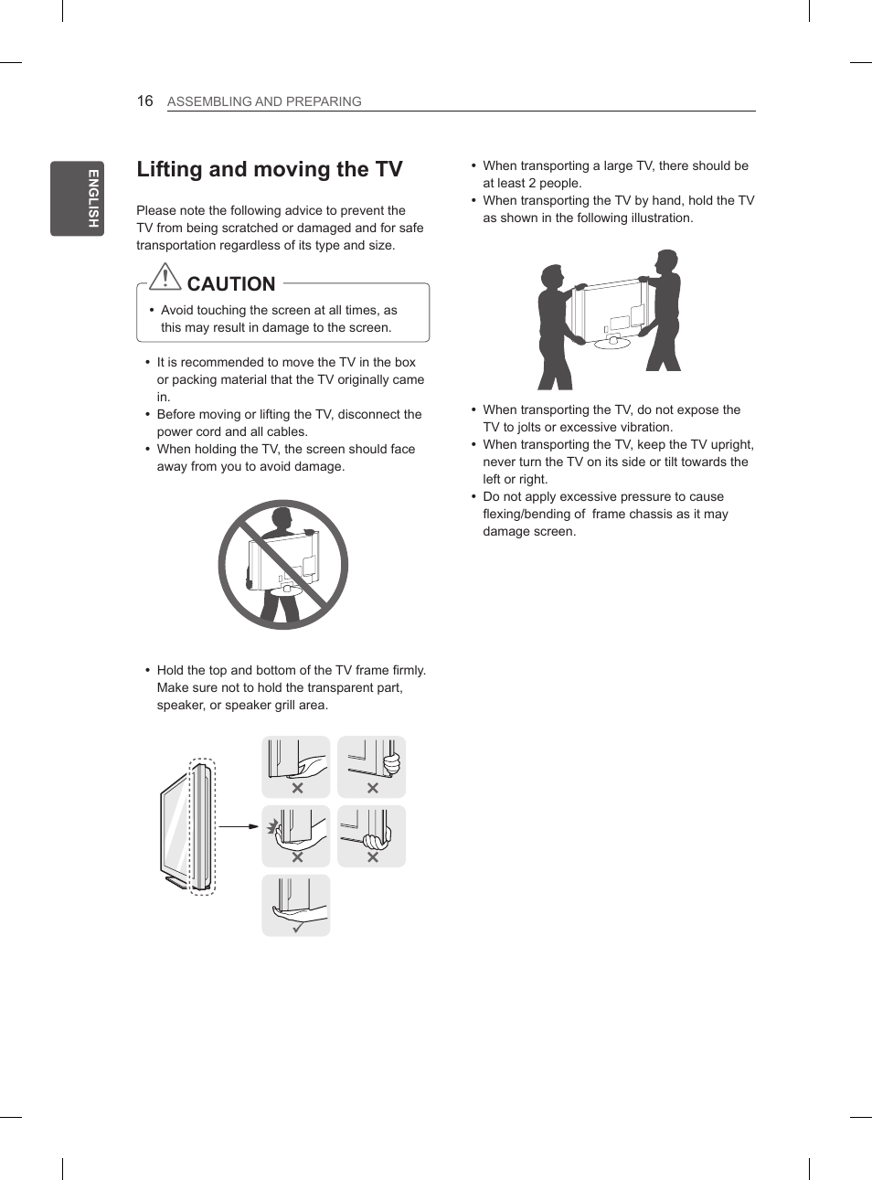 Lifting and moving the tv, Caution | LG 37LN540B User Manual | Page 23 / 439