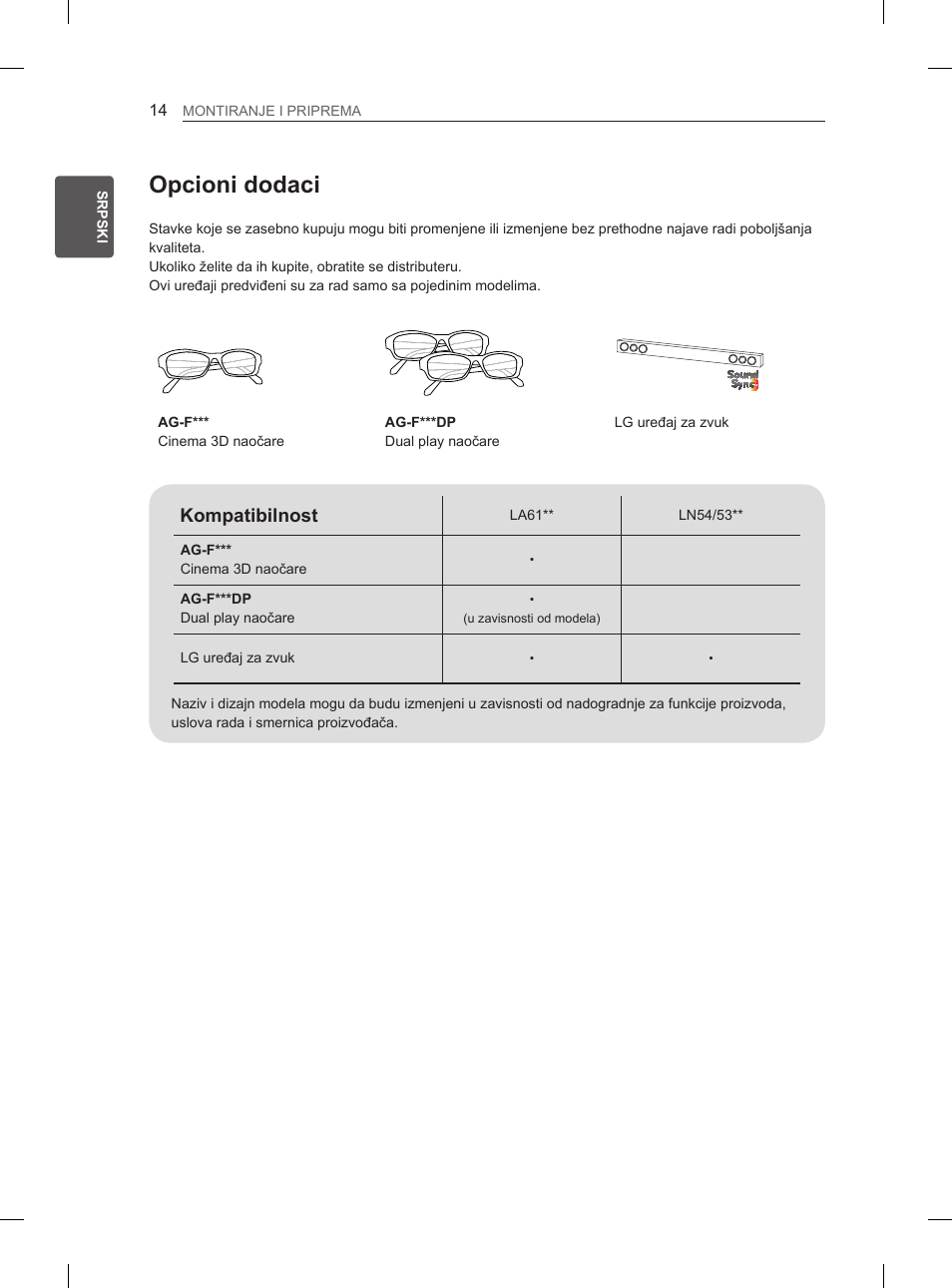 Opcioni dodaci, Kompatibilnost | LG 37LN540B User Manual | Page 261 / 439