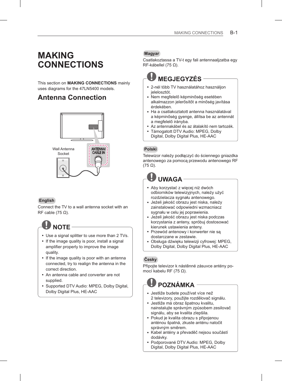 Making connections, Antenna connection, Megjegyzés | Uwaga, Poznámka | LG 37LN540B User Manual | Page 392 / 439