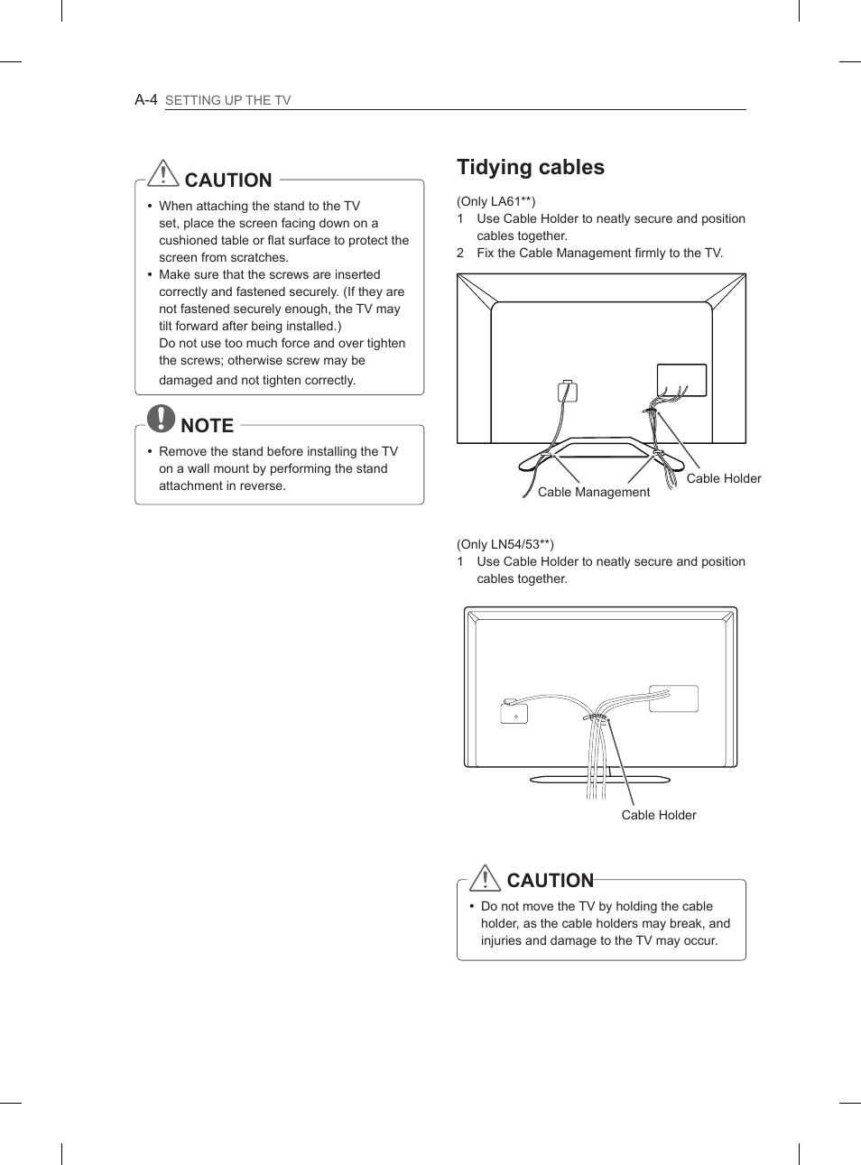 Tidying cables, Caution | LG 37LN540B User Manual | Page 7 / 439