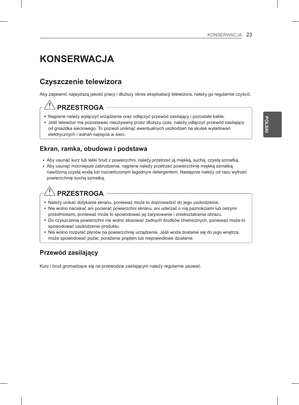 Konserwacja, Czyszczenie telewizora, Przestroga | Ekran, ramka, obudowa i podstawa, Przewód zasilający | LG 37LN540B User Manual | Page 78 / 439