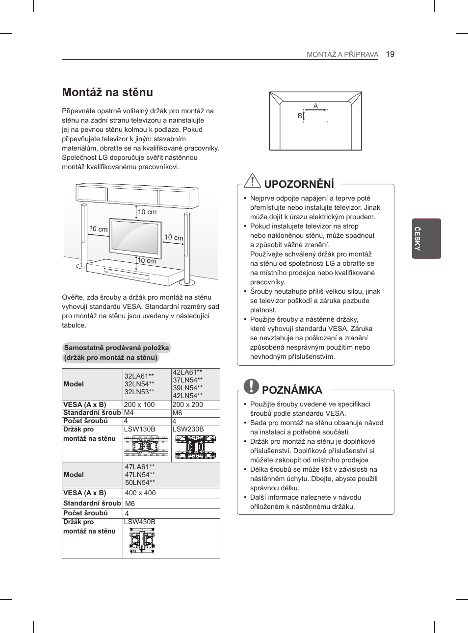 Montáž na stěnu, Upozornění, Poznámka | LG 37LN540B User Manual | Page 98 / 439