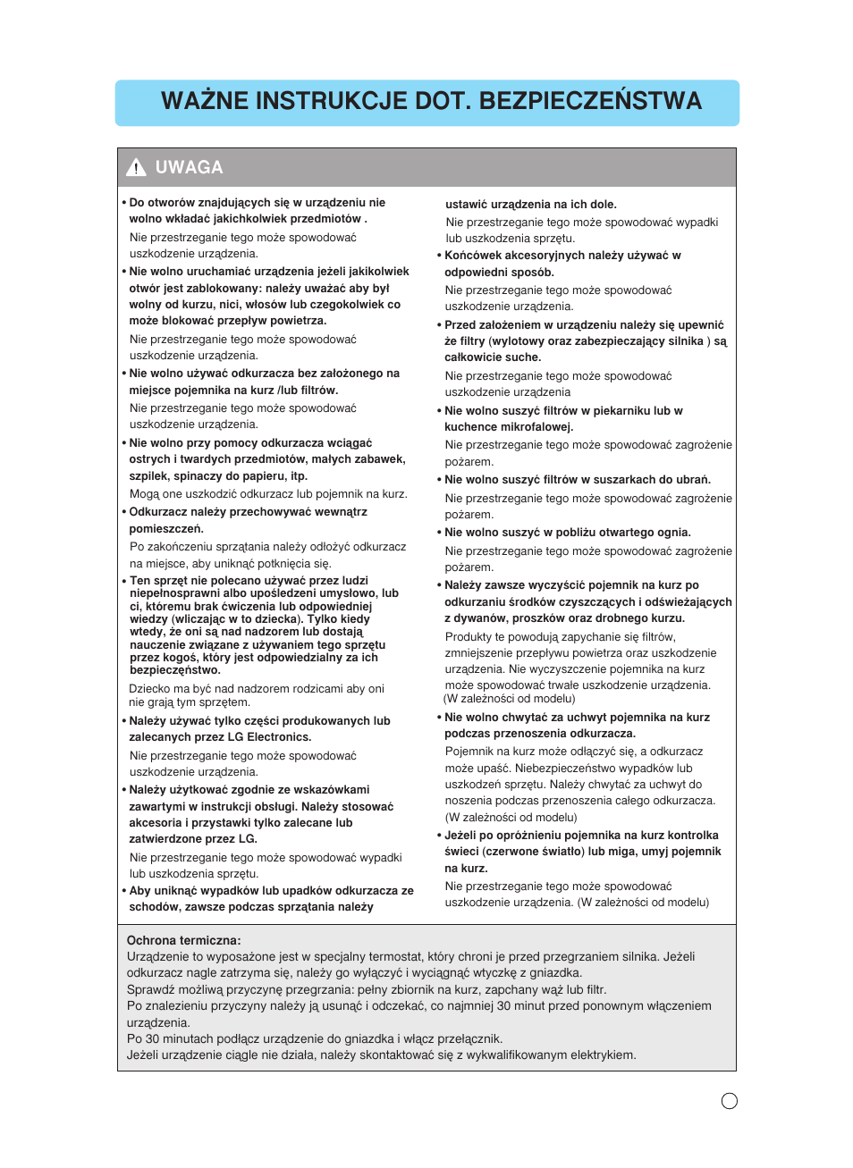 Wa˚ne instrukcje dot. bezpiecze¡stwa, Uwaga | LG VC4916NNTQ User Manual | Page 12 / 31