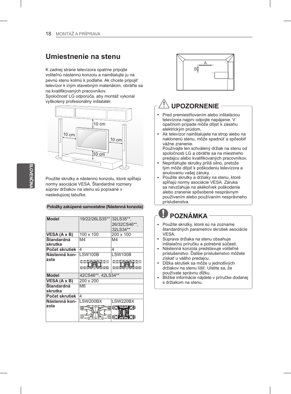 Umiestnenie na stenu, Upozornenie, Poznámka | LG 42LS3400 User Manual | Page 114 / 397