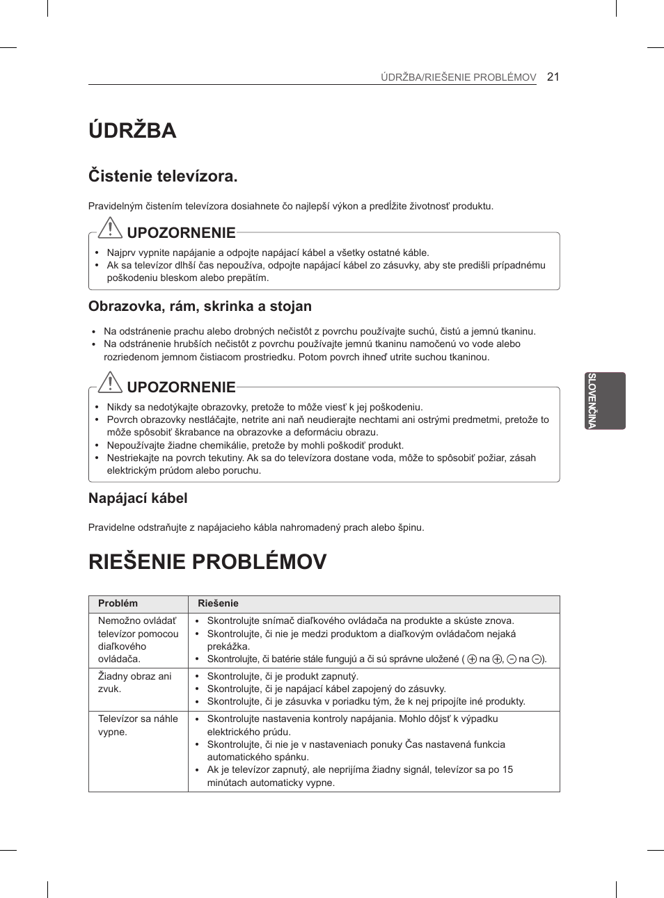 Údržba, Riešenie problémov, Čistenie televízora | Upozornenie, Obrazovka, rám, skrinka a stojan, Napájací kábel | LG 42LS3400 User Manual | Page 117 / 397