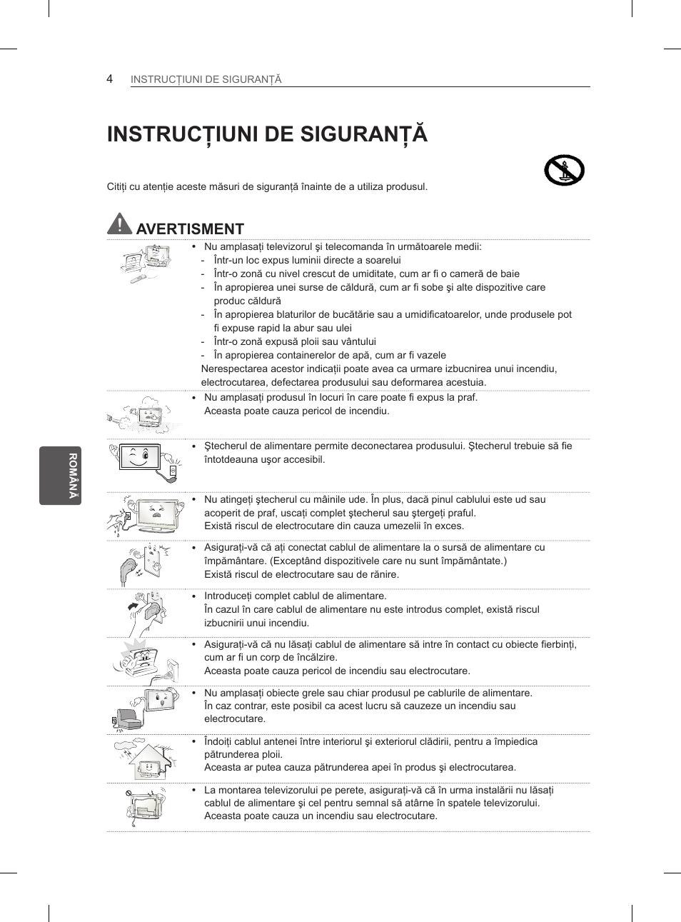 Instrucţiuni de siguranţă, Avertisment | LG 42LS3400 User Manual | Page 122 / 397