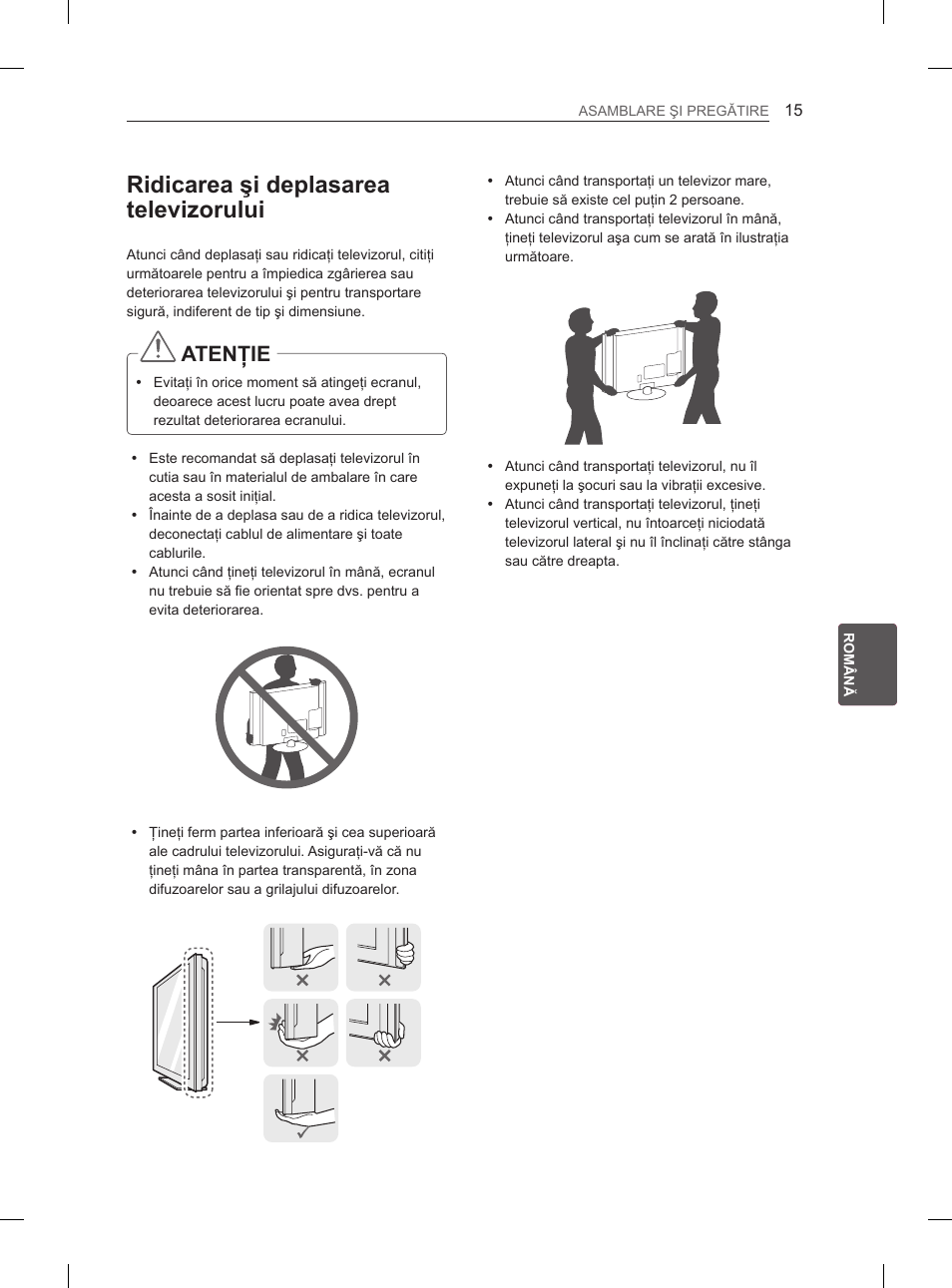 Ridicarea şi deplasarea televizorului, Atenţie | LG 42LS3400 User Manual | Page 133 / 397