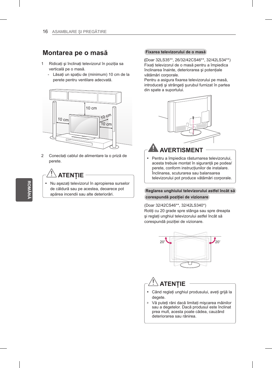 Montarea pe o masă, Atenţie, Avertisment | LG 42LS3400 User Manual | Page 134 / 397