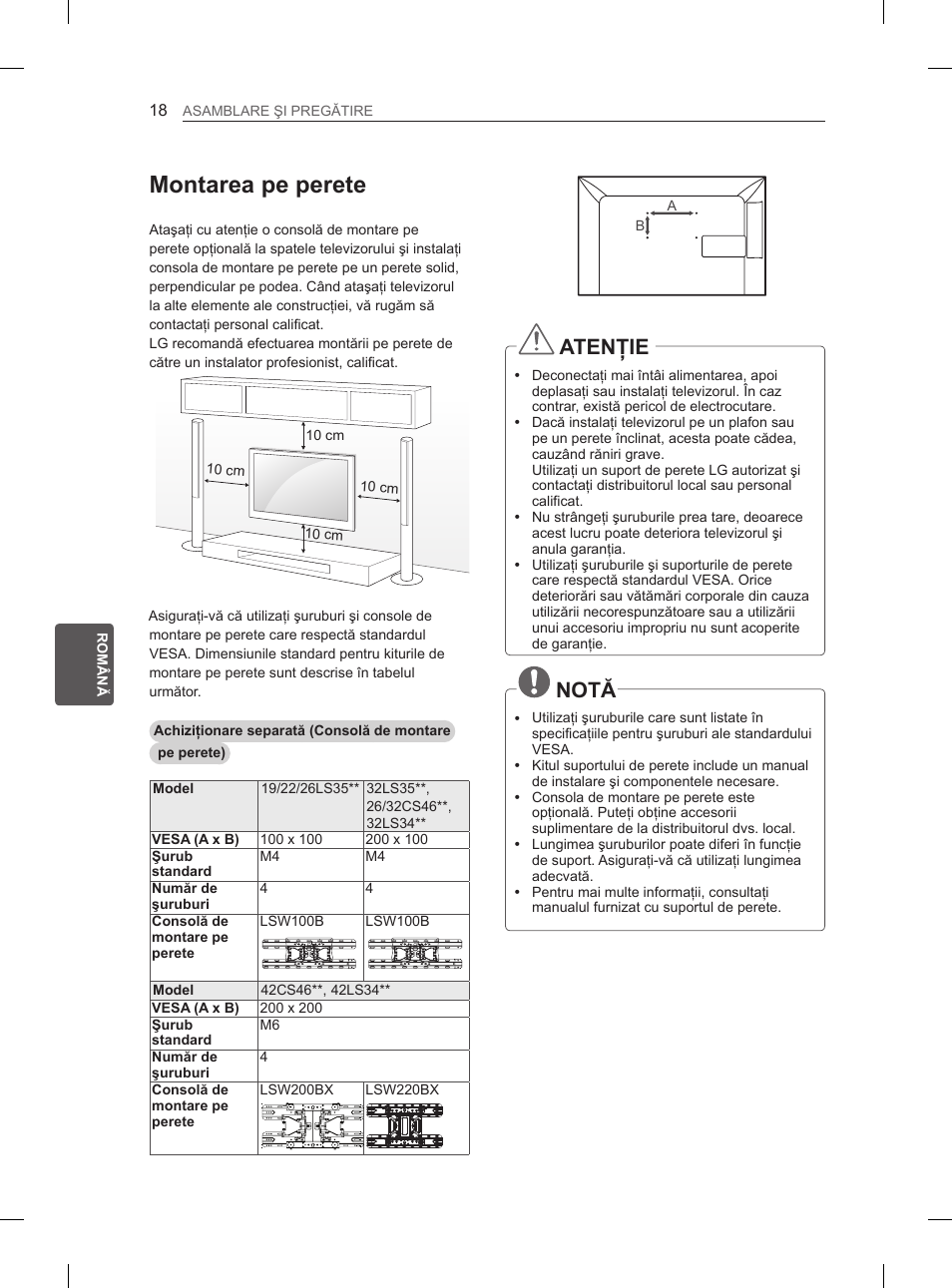 Montarea pe perete, Atenţie, Notă | LG 42LS3400 User Manual | Page 136 / 397